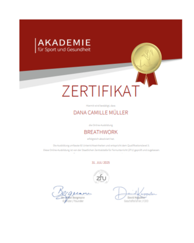 Zertifikat Akademie für Gesundheit und Sport | Dana Camille Müller | Breathwork
